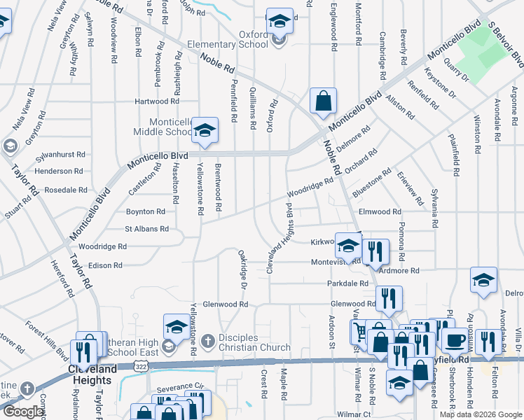 map of restaurants, bars, coffee shops, grocery stores, and more near 3734 Woodridge Road in Cleveland Heights