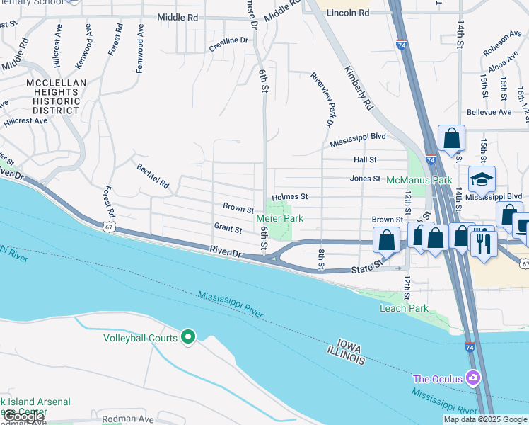 map of restaurants, bars, coffee shops, grocery stores, and more near 599 Brown Street in Bettendorf