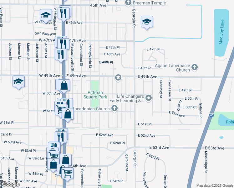 map of restaurants, bars, coffee shops, grocery stores, and more near 601 East 50th Avenue in Gary