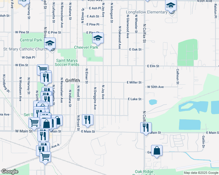 map of restaurants, bars, coffee shops, grocery stores, and more near 334 North Arbogast Street in Griffith