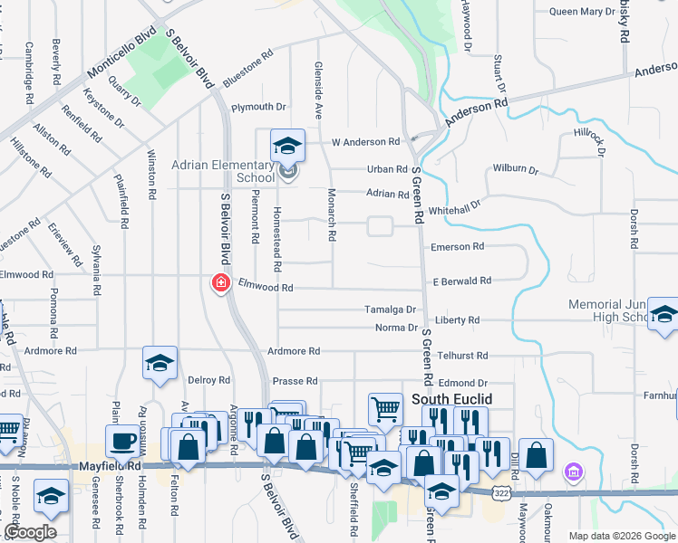 map of restaurants, bars, coffee shops, grocery stores, and more near 1179 Monarch Road in South Euclid