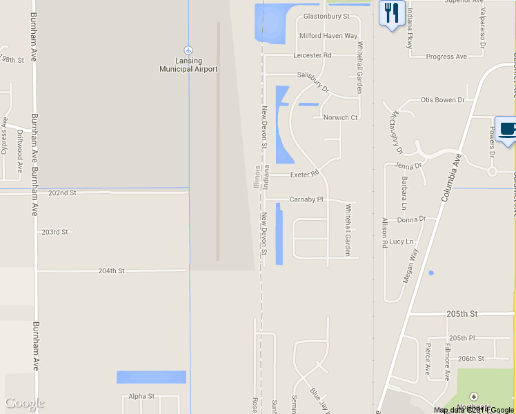 map of restaurants, bars, coffee shops, grocery stores, and more near 10224 New Devon Street in Munster