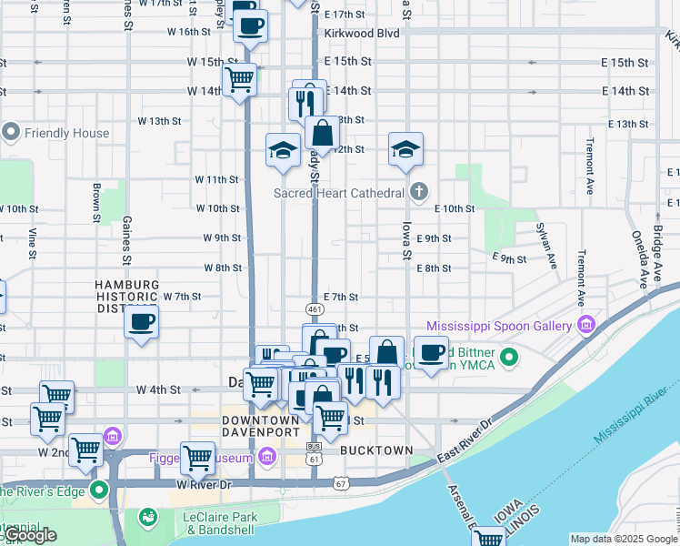 map of restaurants, bars, coffee shops, grocery stores, and more near 728 North Perry Street in Davenport