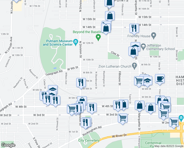 map of restaurants, bars, coffee shops, grocery stores, and more near 1615 West 8th Street in Davenport