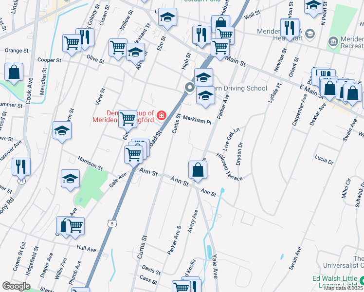 map of restaurants, bars, coffee shops, grocery stores, and more near 30 Hampshire Road in Meriden