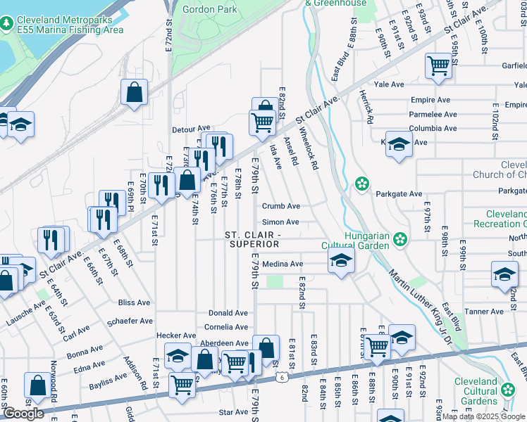 map of restaurants, bars, coffee shops, grocery stores, and more near 7912 Crumb Avenue in Cleveland
