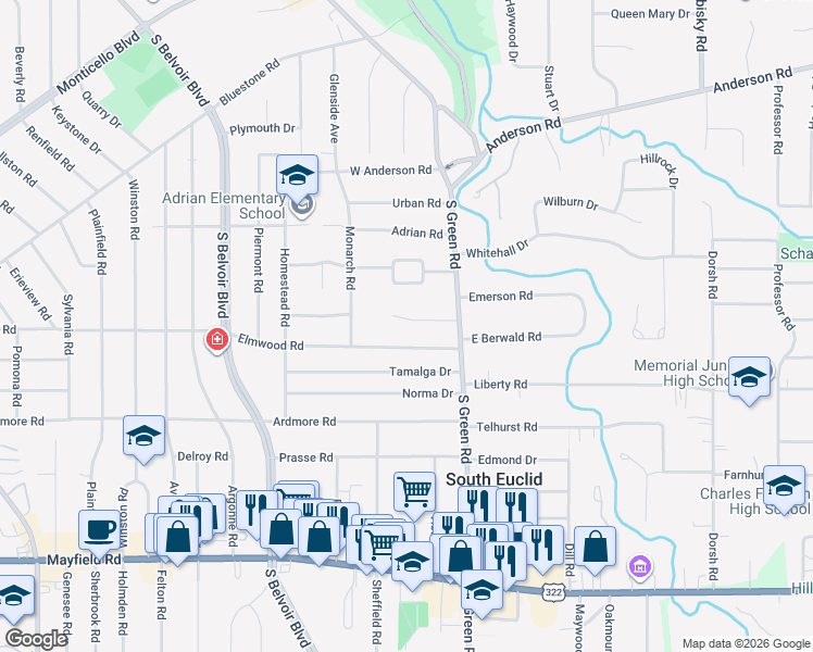 map of restaurants, bars, coffee shops, grocery stores, and more near 4396 Lucille Avenue in South Euclid