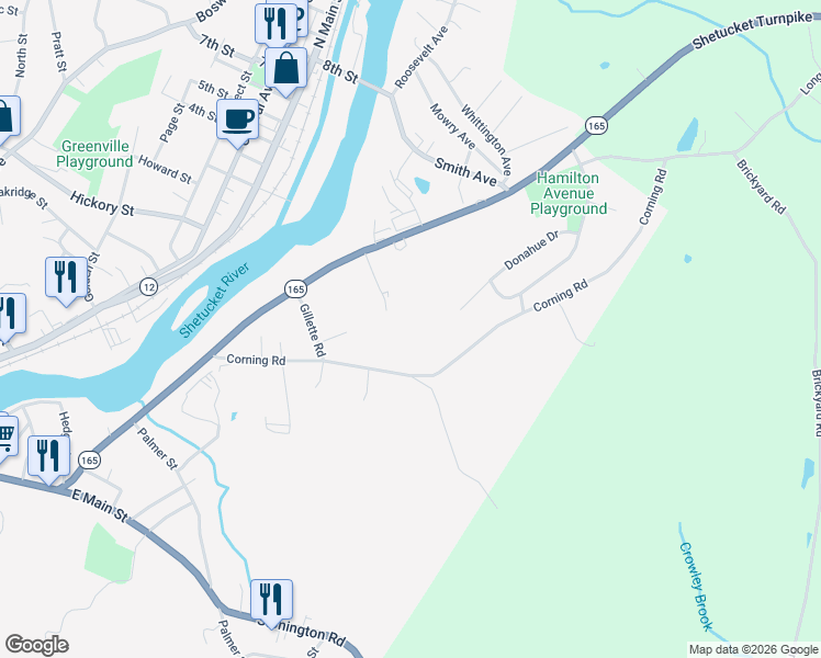 map of restaurants, bars, coffee shops, grocery stores, and more near 168 Corning Road in Norwich