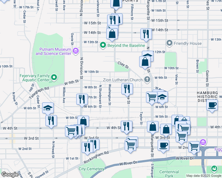 map of restaurants, bars, coffee shops, grocery stores, and more near 727 Washington Street in Davenport