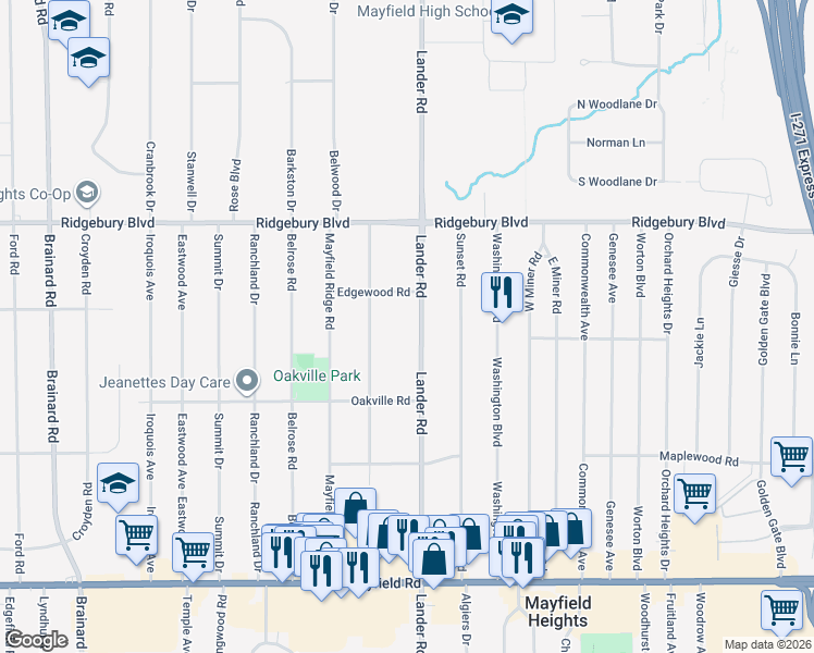 map of restaurants, bars, coffee shops, grocery stores, and more near 1210 Lander Road in Mayfield Heights