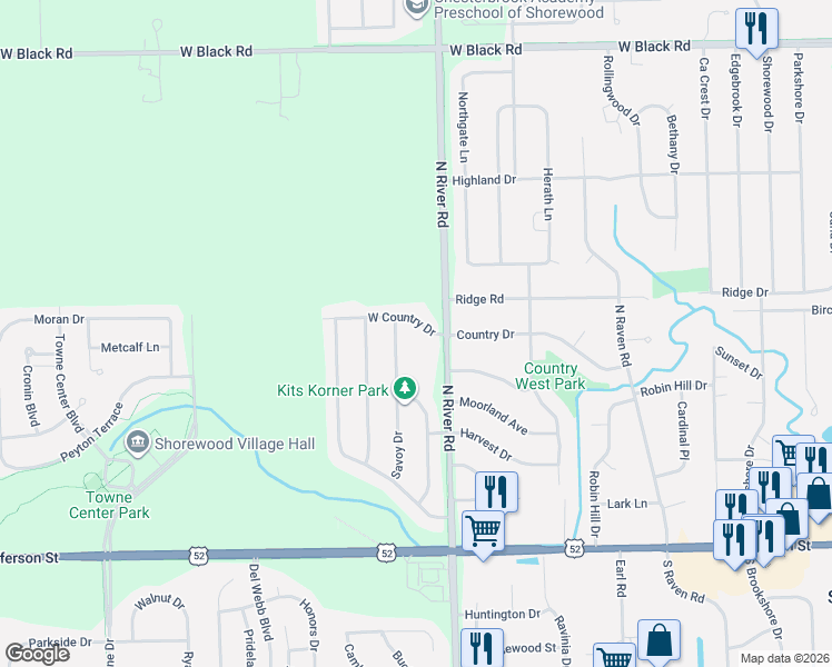 map of restaurants, bars, coffee shops, grocery stores, and more near 1207 Country Drive in Shorewood