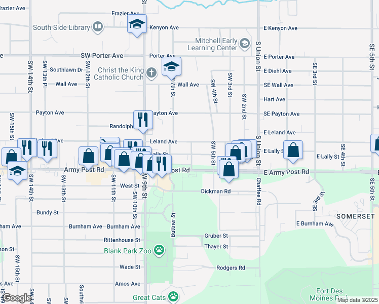 map of restaurants, bars, coffee shops, grocery stores, and more near 601 Lally Street in Des Moines