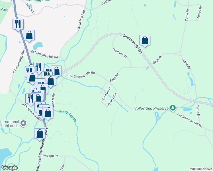 map of restaurants, bars, coffee shops, grocery stores, and more near 9 Meadow Avenue in Woodbury