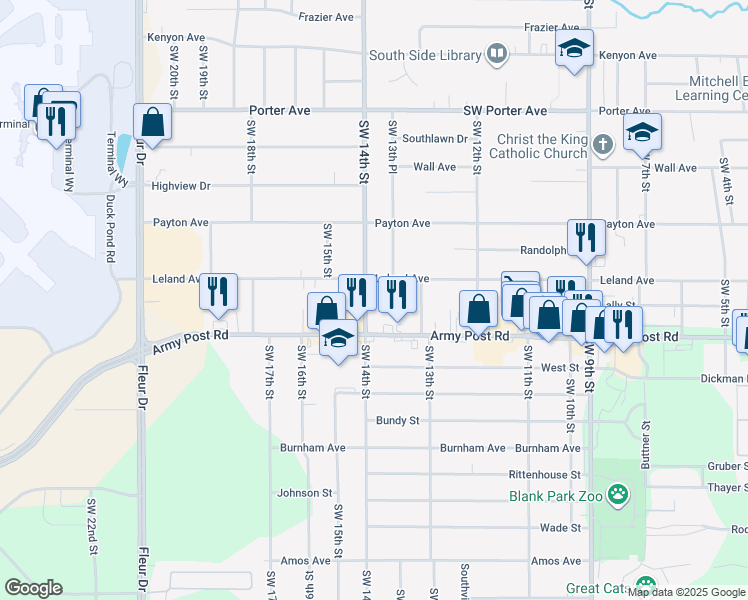 map of restaurants, bars, coffee shops, grocery stores, and more near 6211 Southwest 14th Street in Des Moines