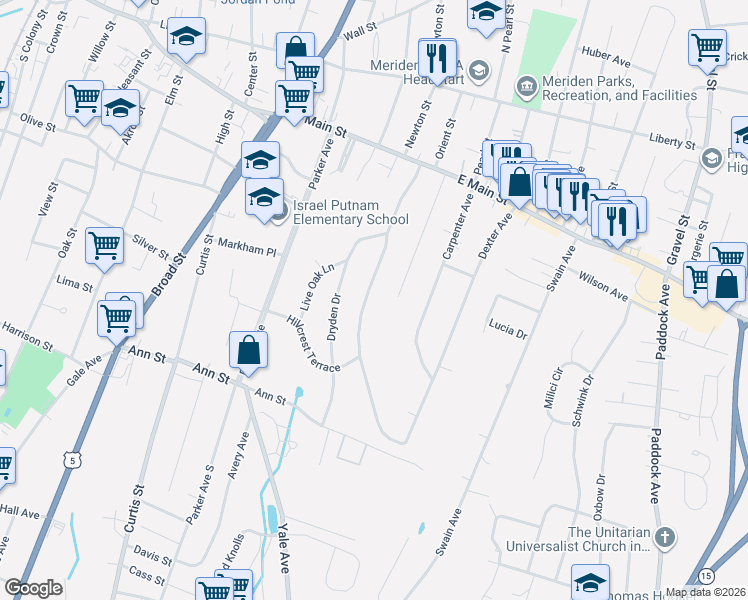 map of restaurants, bars, coffee shops, grocery stores, and more near 158 Hillcrest Terrace in Meriden