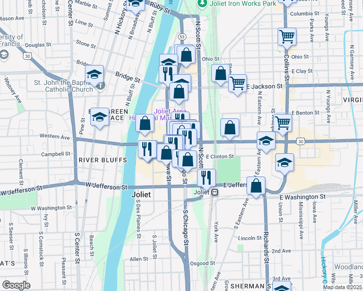 map of restaurants, bars, coffee shops, grocery stores, and more near 164 North Chicago Street in Joliet