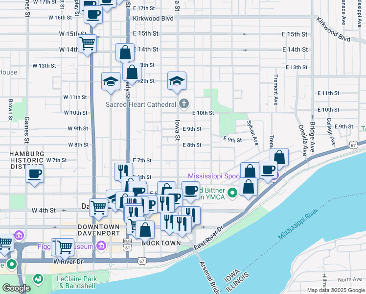 map of restaurants, bars, coffee shops, grocery stores, and more near 411 East 8th Street in Davenport