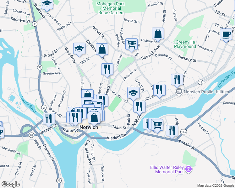 map of restaurants, bars, coffee shops, grocery stores, and more near 3 Division Street in Norwich