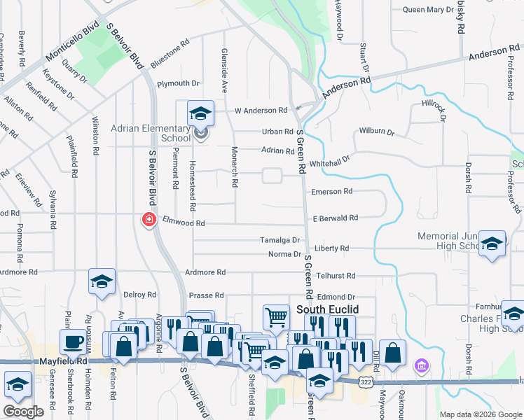 map of restaurants, bars, coffee shops, grocery stores, and more near 4396 Lucille Avenue in South Euclid