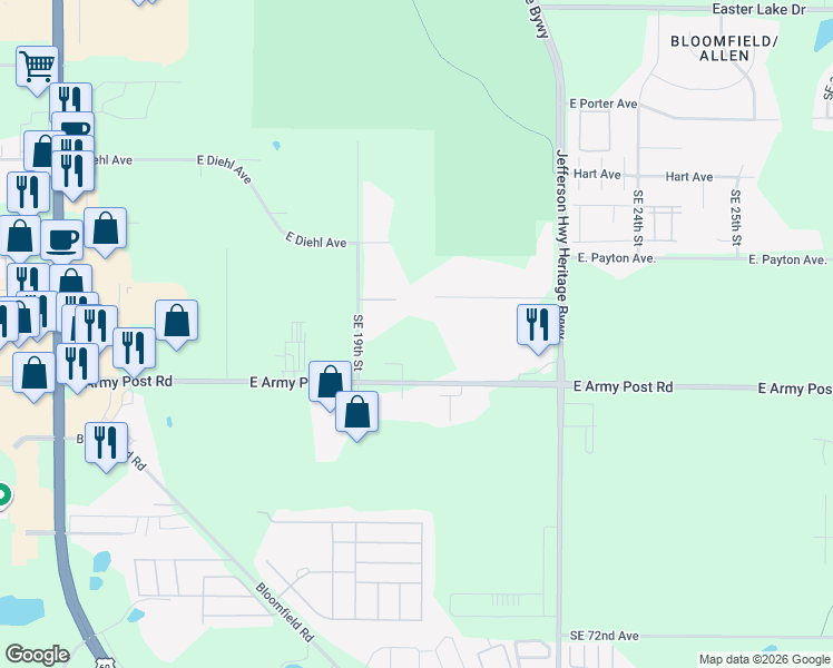 map of restaurants, bars, coffee shops, grocery stores, and more near 1960 East Army Post Road in Des Moines