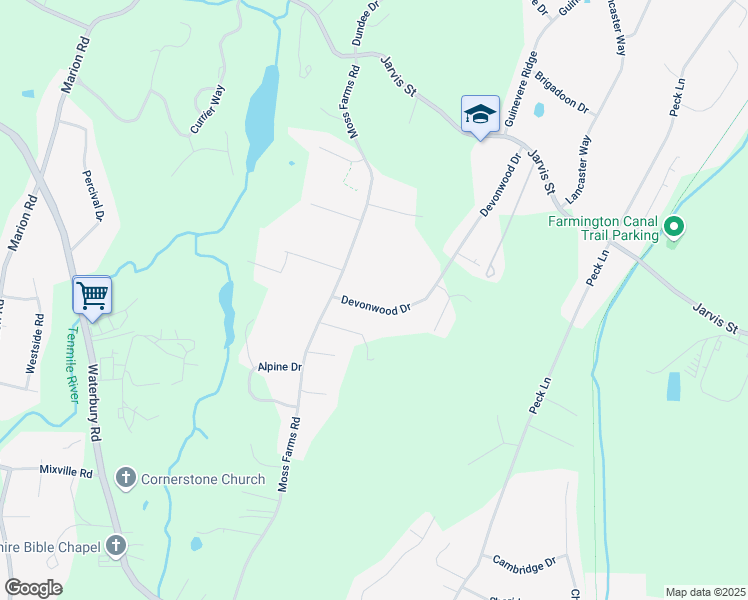 map of restaurants, bars, coffee shops, grocery stores, and more near 755 Devonwood Drive in Cheshire