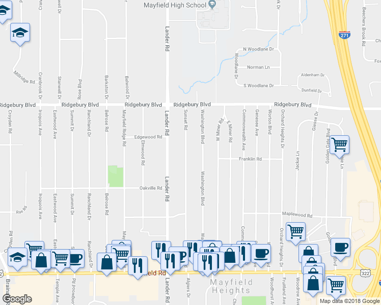 map of restaurants, bars, coffee shops, grocery stores, and more near 1205 Sunset Road in Mayfield Heights