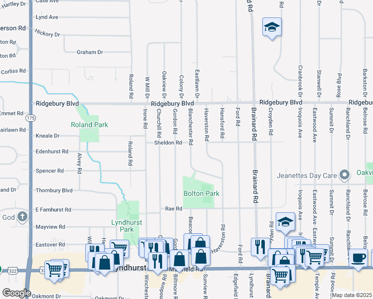 map of restaurants, bars, coffee shops, grocery stores, and more near 1199 Blanchester Road in Lyndhurst