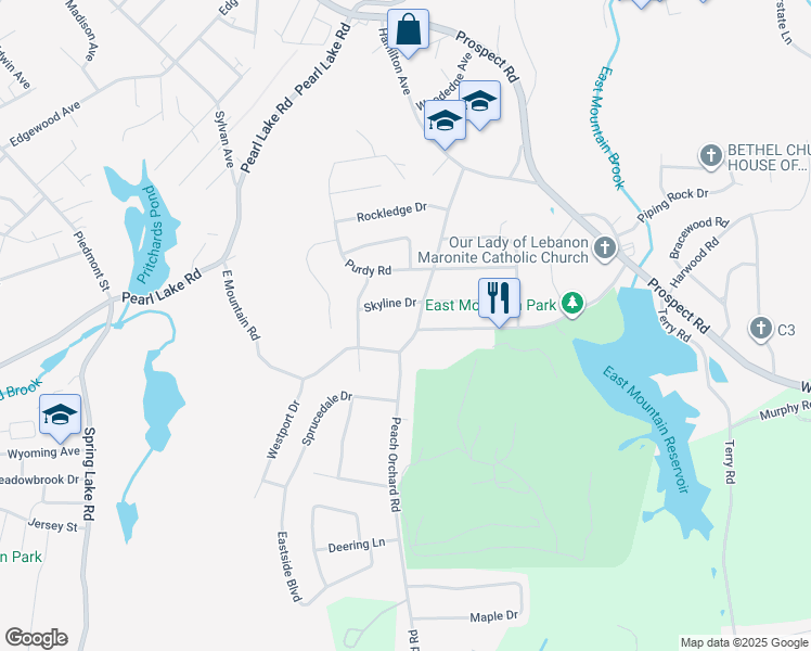 map of restaurants, bars, coffee shops, grocery stores, and more near 276 East Mountain Road in Waterbury
