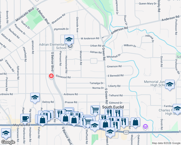 map of restaurants, bars, coffee shops, grocery stores, and more near 4396 Lucille Avenue in South Euclid