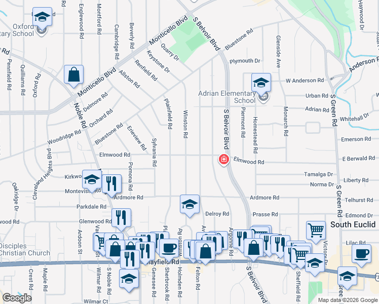 map of restaurants, bars, coffee shops, grocery stores, and more near 1199 Winston Road in South Euclid