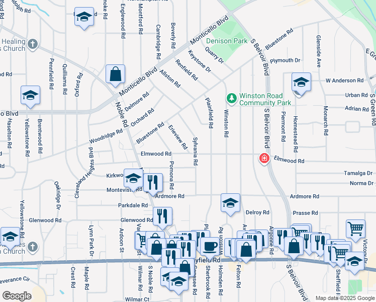 map of restaurants, bars, coffee shops, grocery stores, and more near 4026 Elmwood Road in Cleveland Heights