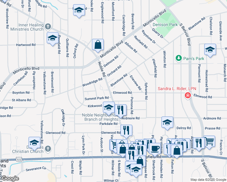 map of restaurants, bars, coffee shops, grocery stores, and more near 2715 Noble Road in Cleveland Heights