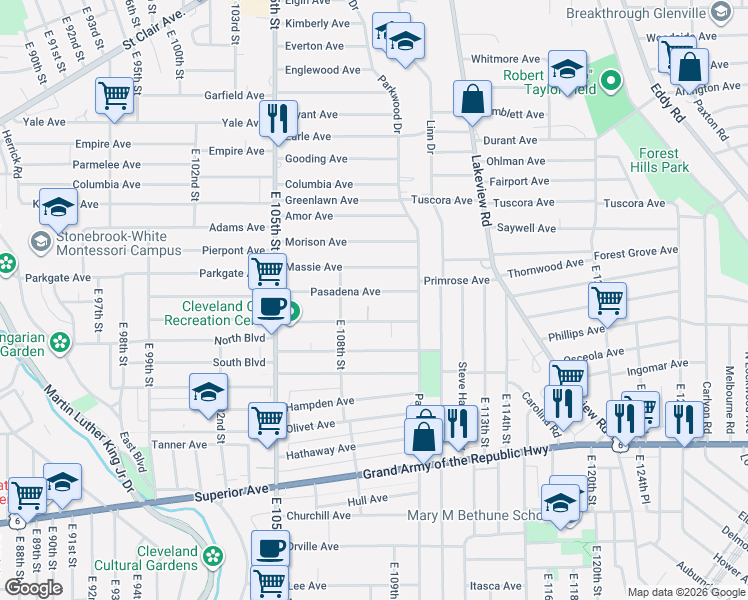 map of restaurants, bars, coffee shops, grocery stores, and more near 10816 Pasadena Avenue in Cleveland