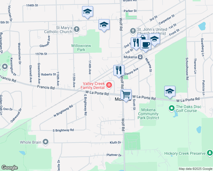 map of restaurants, bars, coffee shops, grocery stores, and more near 19926 Hickory Stick Lane in Mokena