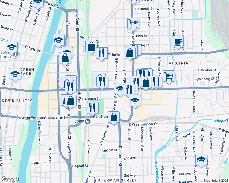 map of restaurants, bars, coffee shops, grocery stores, and more near 252 East Cass Street in Joliet