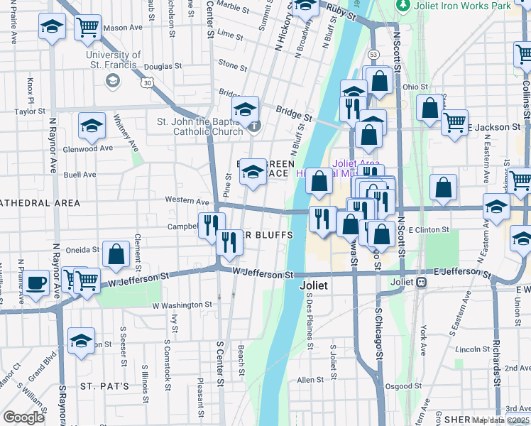 map of restaurants, bars, coffee shops, grocery stores, and more near 221 North Broadway Street in Joliet