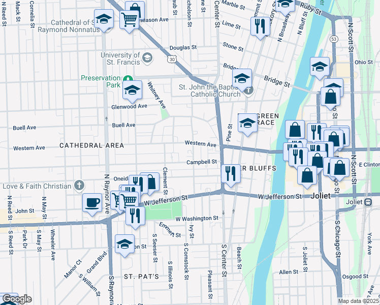 map of restaurants, bars, coffee shops, grocery stores, and more near 254 Nicholson Street in Joliet