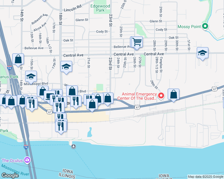 map of restaurants, bars, coffee shops, grocery stores, and more near 505 23rd Street in Bettendorf