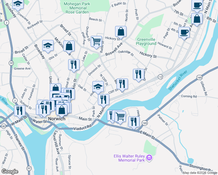 map of restaurants, bars, coffee shops, grocery stores, and more near 162 Cliff Street in Norwich