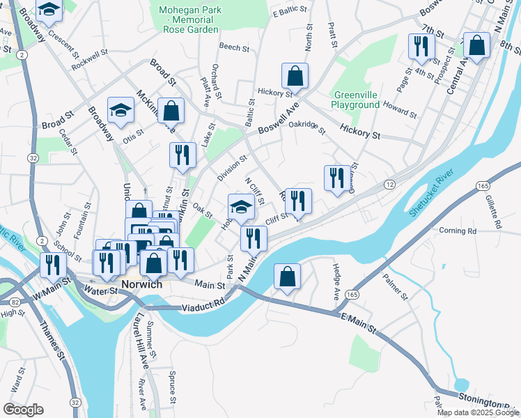 map of restaurants, bars, coffee shops, grocery stores, and more near 29 East Cliff Street in Norwich