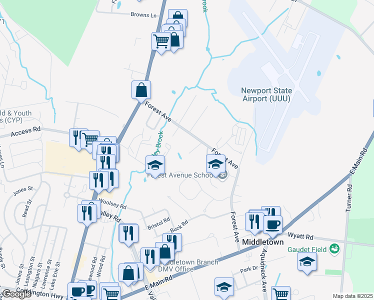 map of restaurants, bars, coffee shops, grocery stores, and more near 7 Francisco Drive in Middletown