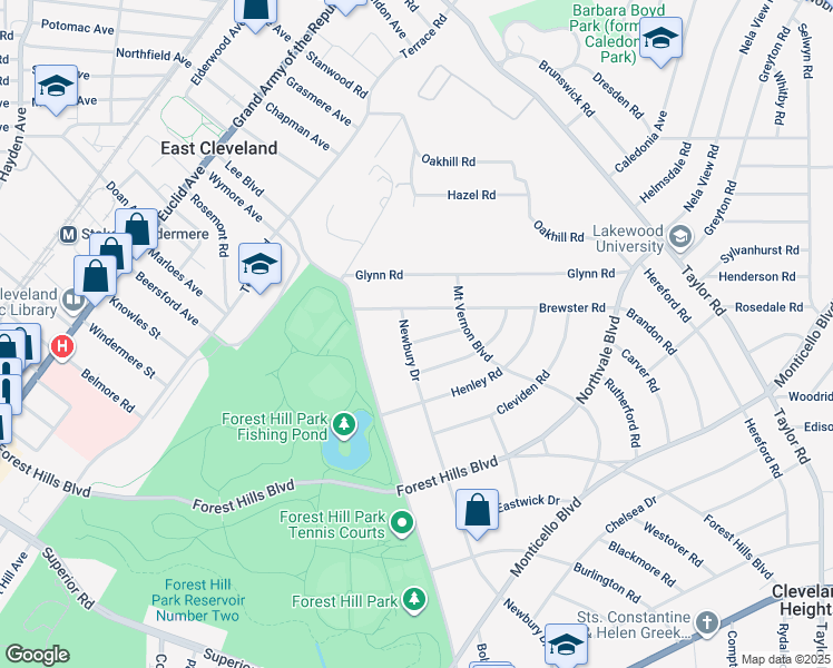 map of restaurants, bars, coffee shops, grocery stores, and more near 15559 Wyatt Road in East Cleveland