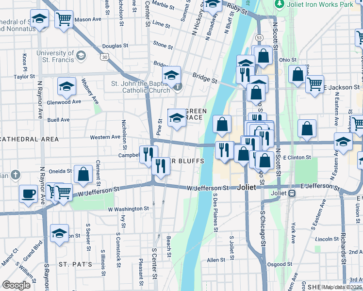 map of restaurants, bars, coffee shops, grocery stores, and more near 225 North Broadway Street in Joliet