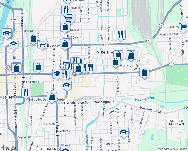 map of restaurants, bars, coffee shops, grocery stores, and more near 556 East Cass Street in Joliet