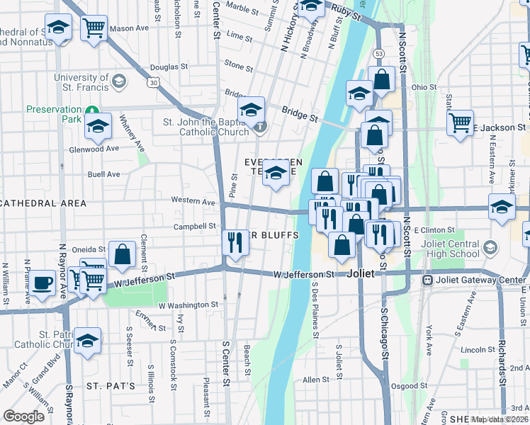 map of restaurants, bars, coffee shops, grocery stores, and more near 225 North Broadway Street in Joliet