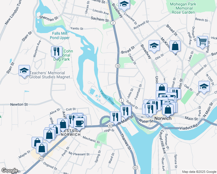 map of restaurants, bars, coffee shops, grocery stores, and more near 34 Maple Grove Avenue in Norwich