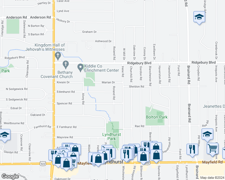 map of restaurants, bars, coffee shops, grocery stores, and more near 5295 Edenhurst Road in Lyndhurst