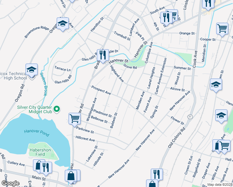map of restaurants, bars, coffee shops, grocery stores, and more near 116 Prospect Avenue in Meriden