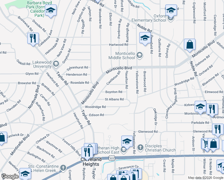 map of restaurants, bars, coffee shops, grocery stores, and more near 3506 Boynton Road in Cleveland Heights