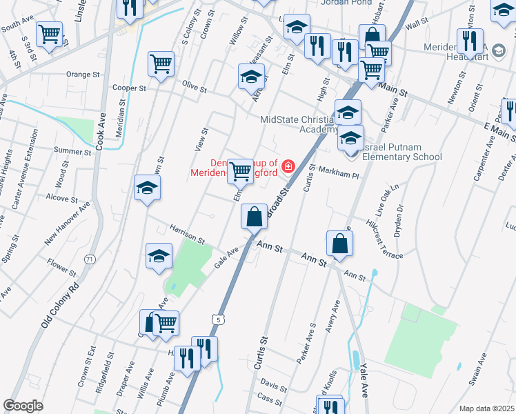 map of restaurants, bars, coffee shops, grocery stores, and more near 226 Broad Street in Meriden